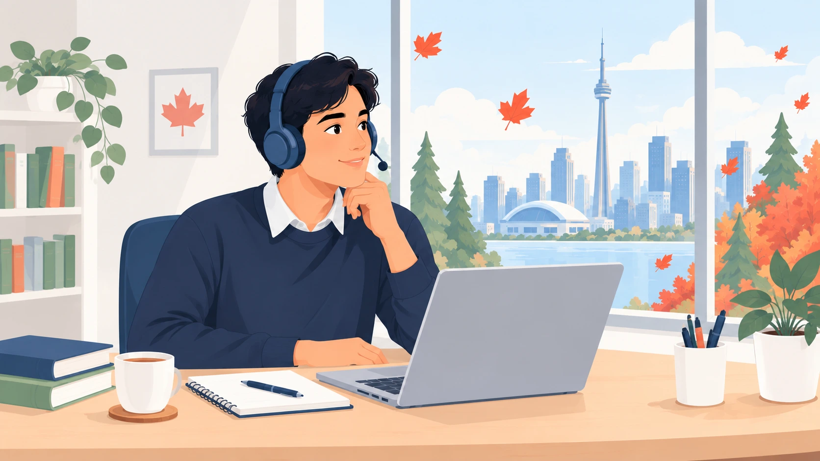 A student preparing for a Canadian English test with a laptop