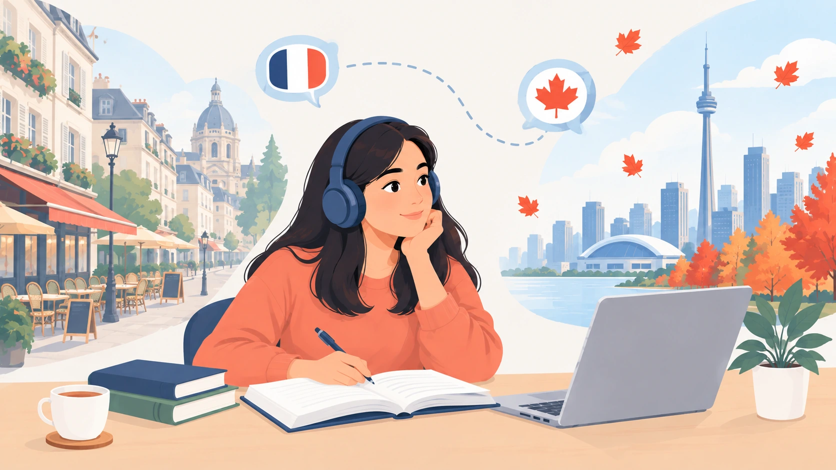 A student studying French with a notebook and textbook