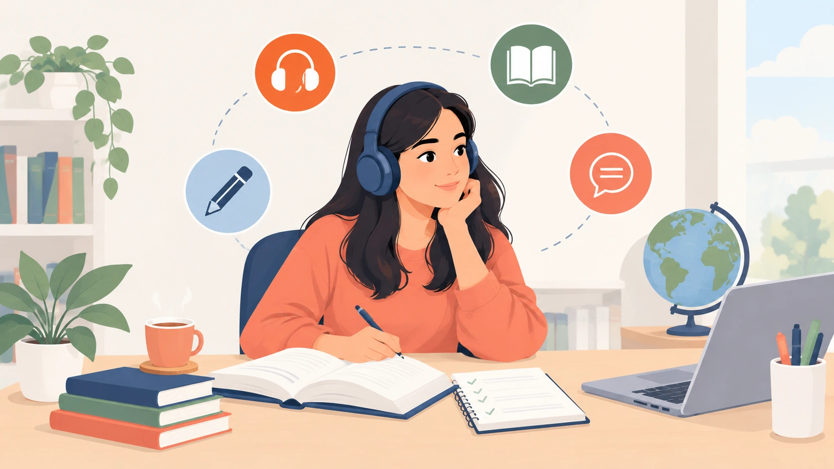 A student practising for an English test at a desk with headphones and notes